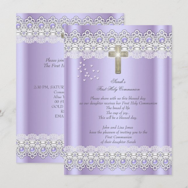 First Holy Communion 1st Girls Cross Lavender Gold Invitation (Front/Back)