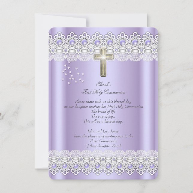 First Holy Communion 1st Girls Cross Lavender Gold Invitation (Front)