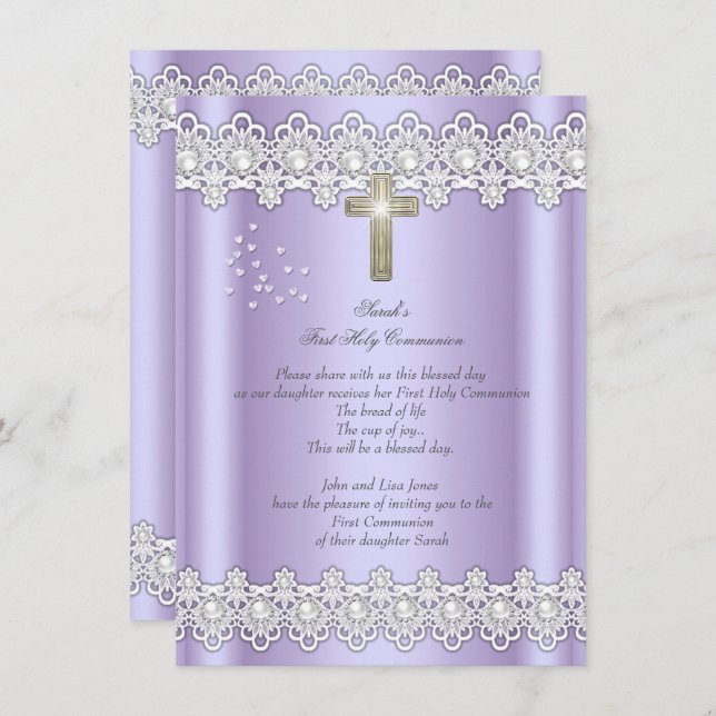 First Holy Communion 1st Girls Cross Lavender Lace Invitation (Front/Back)