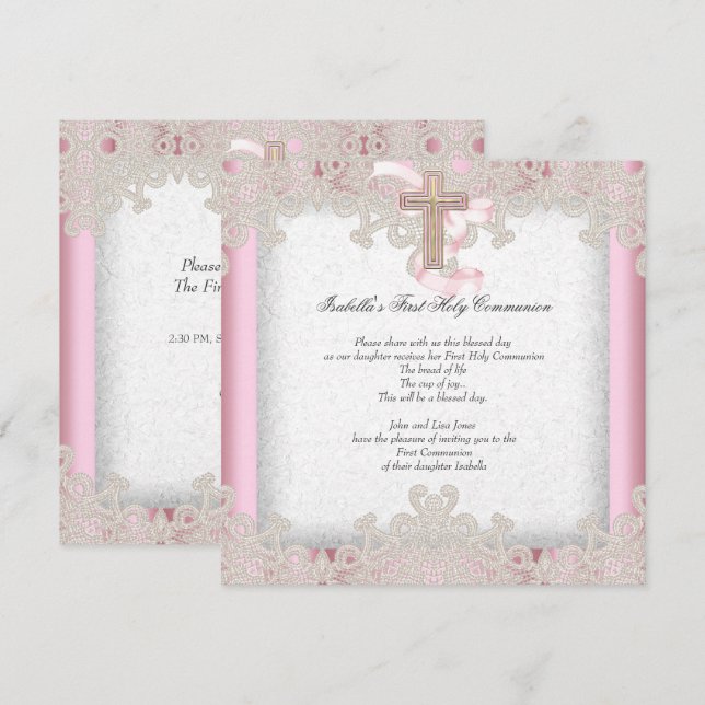 First Holy Communion 1st Girls Cross Pink 7 Invitation (Front/Back)