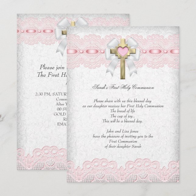 First Holy Communion 1st Girls Cross Pink 9 Invitation (Front/Back)