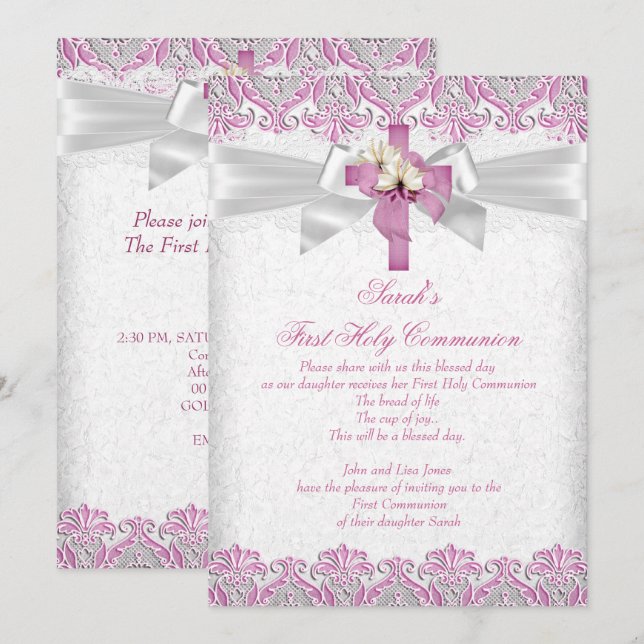 First Holy Communion 1st Girls Cross Pink Lace 2 Invitation (Front/Back)