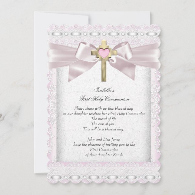 First Holy Communion 1st Girls Cross Pink Lace 3 Invitation (Front)
