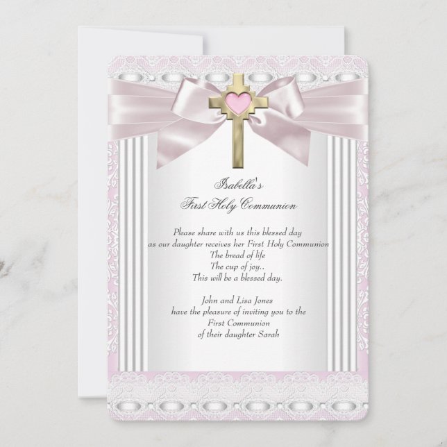 First Holy Communion 1st Girls Cross Pink Lace 4 Invitation (Front)