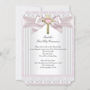 First Holy Communion 1st Girls Cross Pink Lace 4 Invitation