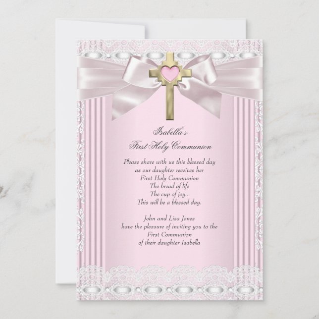 First Holy Communion 1st Girls Cross Pink Lace 5 Invitation (Front)