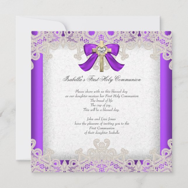 First Holy Communion 1st Girls Cross Purple Invitation (Front)