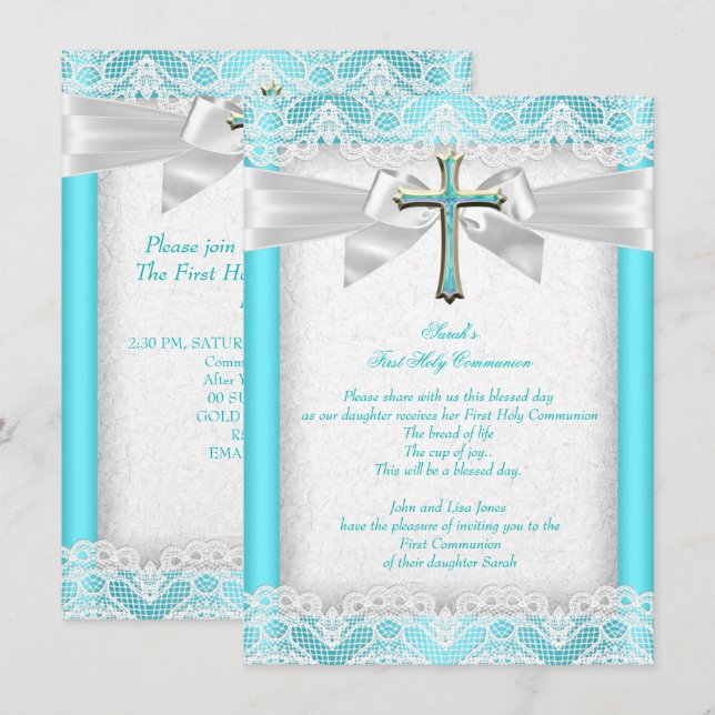 First Holy Communion 1st Girls Cross Teal 2 Invitation (Front/Back)