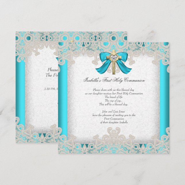 First Holy Communion 1st Girls Cross Teal 3 Invitation (Front/Back)
