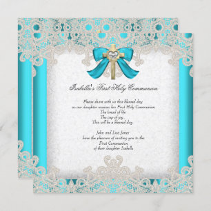 First Holy Communion 1st Girls Cross Teal 3 Invitation