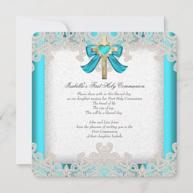 First Holy Communion 1st Girls Cross Teal 3a Invitation (Front)