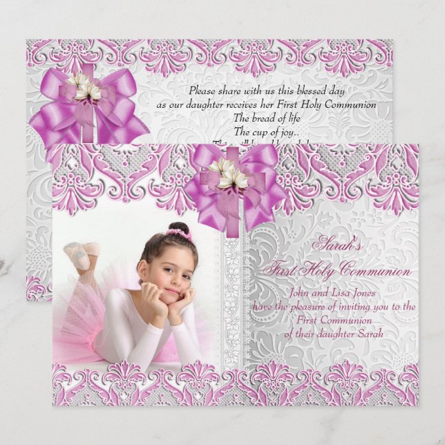 First Holy Communion 1st Girls Lilac Pink Photo Invitation (Front/Back)