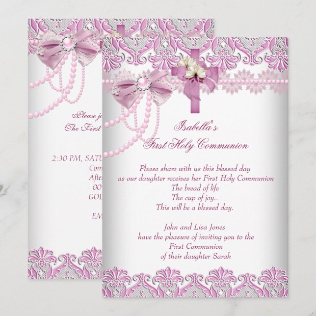 First Holy Communion 1st Girls Pink Pearl Lace Invitation (Front/Back)