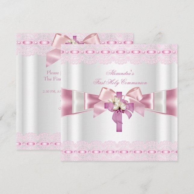 First Holy Communion 1st Girls White Pink Lace 2 Invitation (Front/Back)