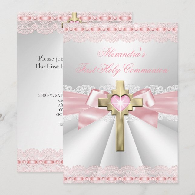 First Holy Communion 1st Gold Cross Girls Pink 2 Invitation (Front/Back)