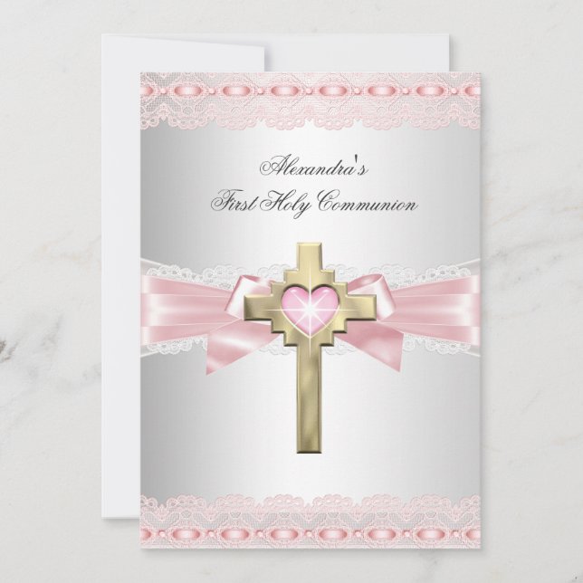 First Holy Communion 1st Gold Cross Girls Pink 2 Invitation (Front)