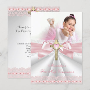 First Holy Communion 1st Gold Cross Girls Pink 4 Invitation