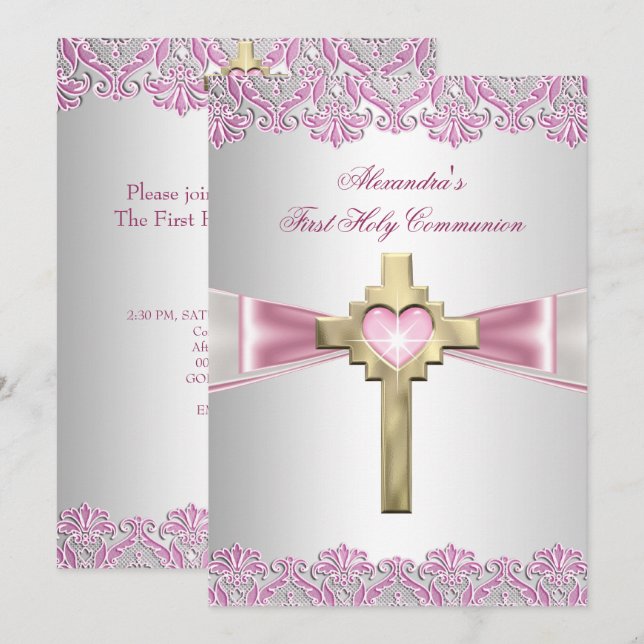 First Holy Communion 1st Gold Cross Girls Pink Invitation (Front/Back)