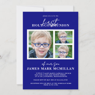 First Holy Communion 3-Photo Collage Boy Navy Blue Invitation