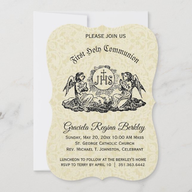 First Holy Communion Angel Ecru Lace Invitations (Front)