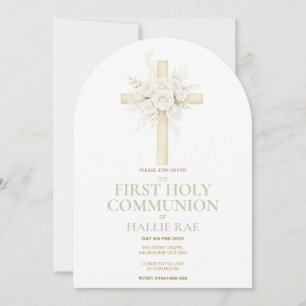First Holy Communion Arched Invite, Floral Cross Invitation