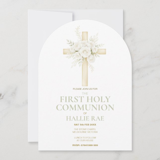 First Holy Communion Arched Invite, Floral Cross  Invitation (Front)