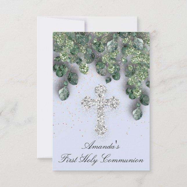 First Holy Communion Babtism Christian Cross Blue Invitation (Back)