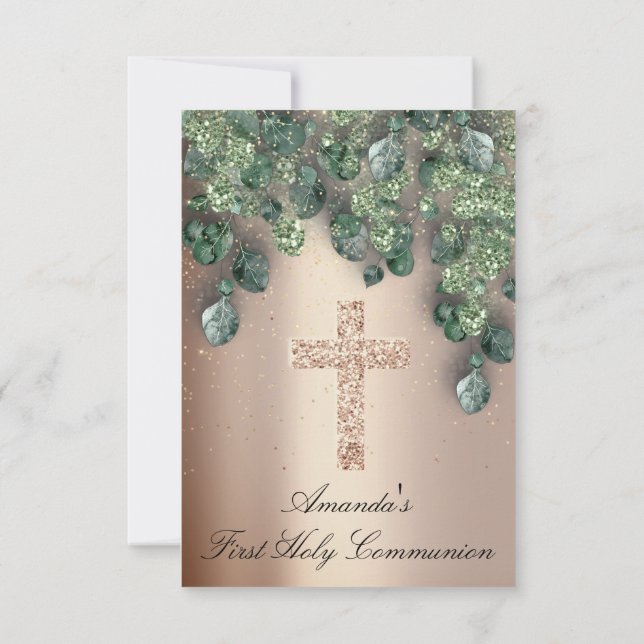 First Holy Communion Babtism Christian Cross Green Invitation (Back)