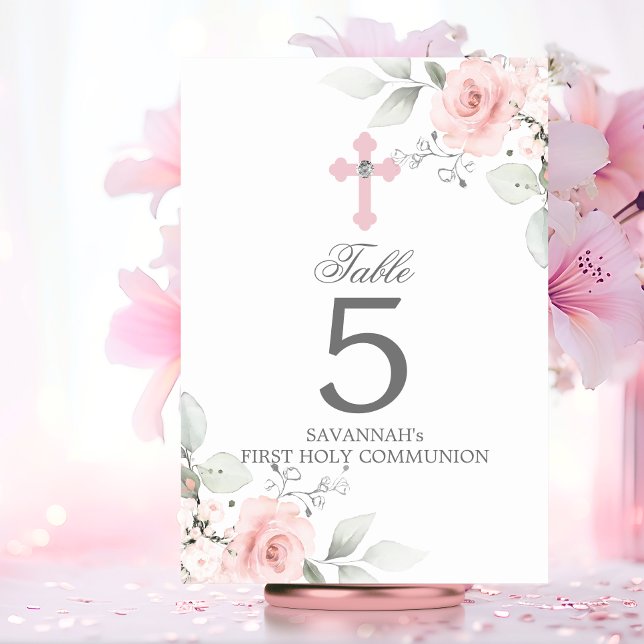 First Holy Communion Baptism Pink Rose Girl Cross Table Number (First Holy Communion Baptism Pink Rose Girl Cross Table Number)