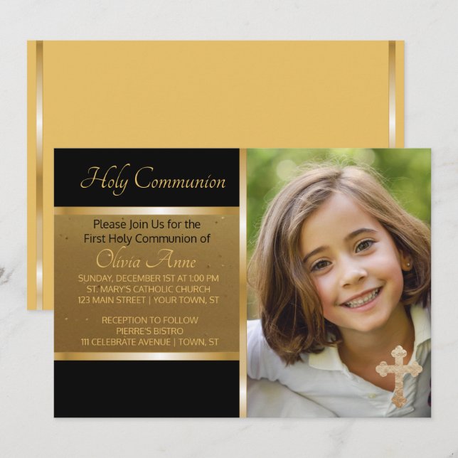 First Holy Communion Black Gold Photo Invitation (Front/Back)