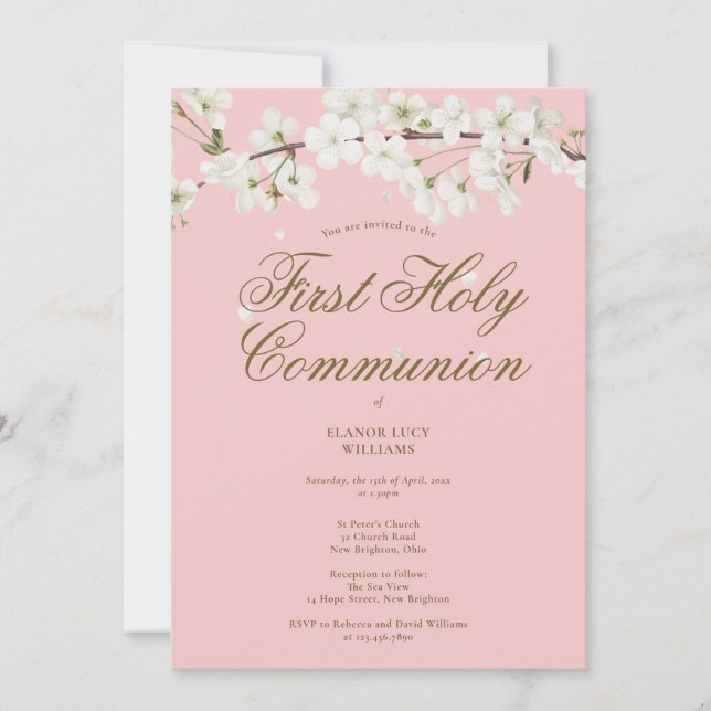 First Holy Communion Blossom Floral Blush Pink Invitation (Front)