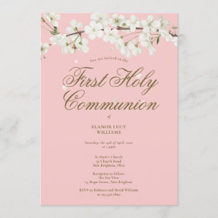 First Holy Communion Blossom Floral Blush Pink Invitation