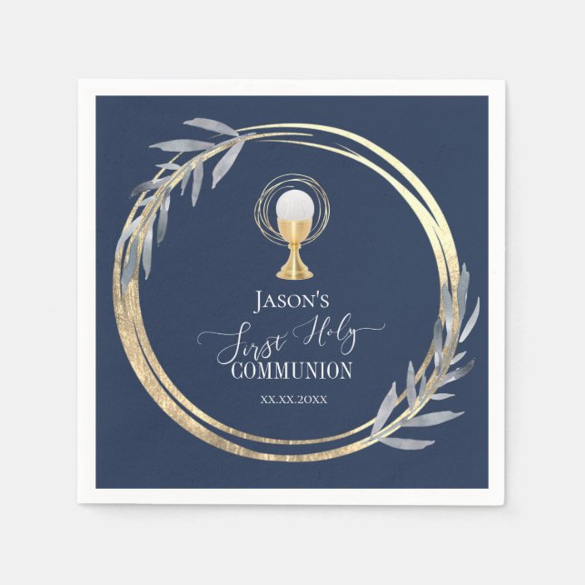 First Holy communion blue and faux foil Napkin (Front)