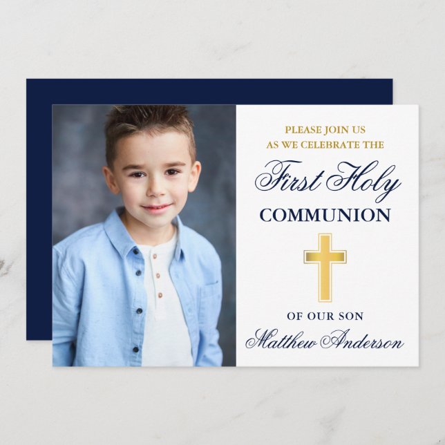First Holy Communion Blue and Gold Photo Invitation (Front/Back)