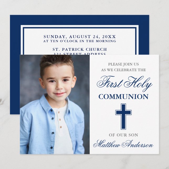 First Holy Communion Blue and Silver Photo Invitation (Front/Back)