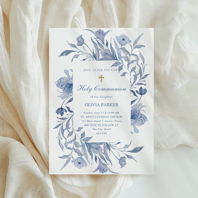 First Holy Communion | Blue Floral Chinoiserie Invitation (Creator Uploaded)