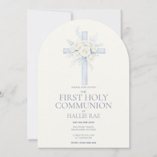First Holy Communion, Blue Floral Cross Arched Invitation