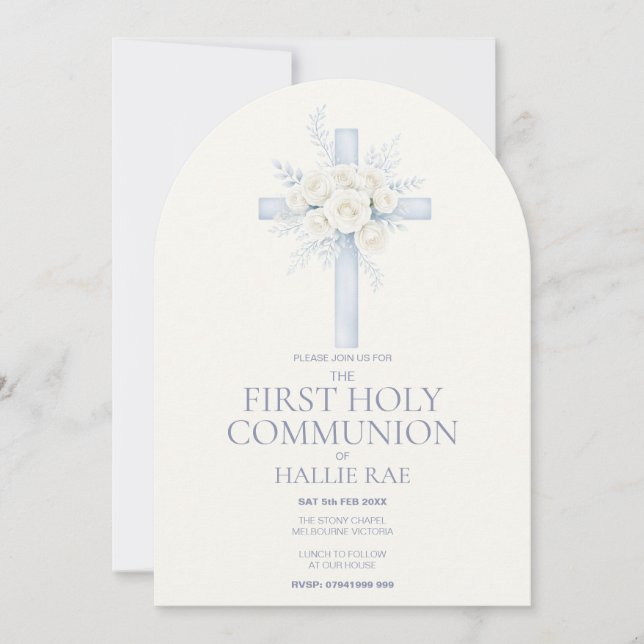 First Holy Communion, Blue Floral Cross Arched Invitation (Front)