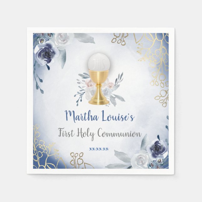 First Holy Communion blue flowers Napkin (Front)