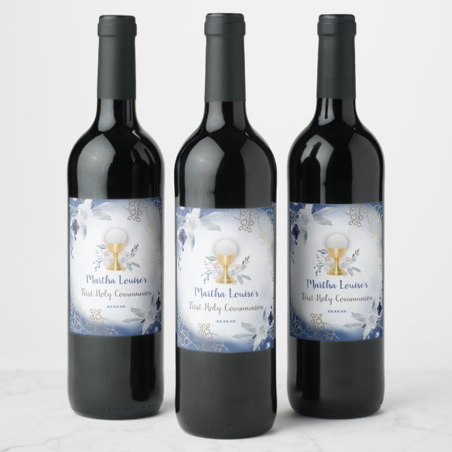 First Holy Communion blue flowers Wine Label (Bottles)