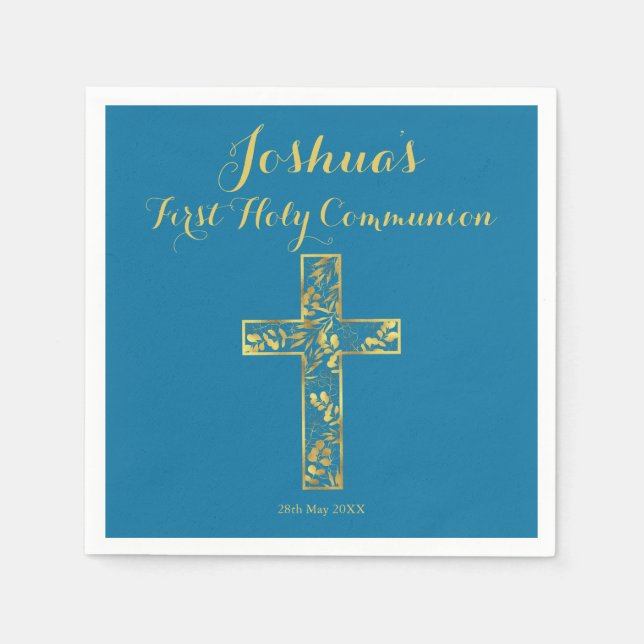 First Holy Communion Blue gold cross name boy   Na Napkin (Front)