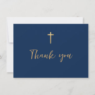 First Holy Communion Blue Gold Cross Thank You Card