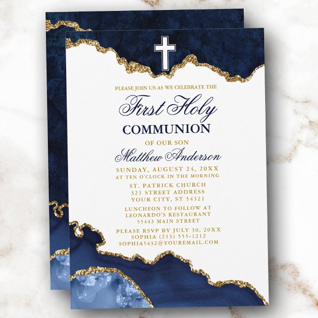 First Holy Communion Blue Gold Marble Geode Invitation (Customize to change text color,  size or text style.)