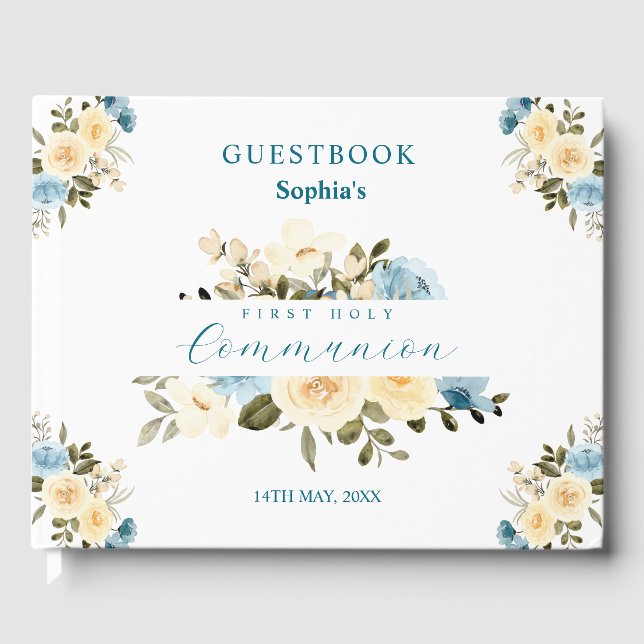 First Holy Communion Blue Ivory Flowers Greenery Guest Book (Front)
