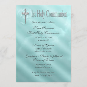 First holy communion blue religious invitation