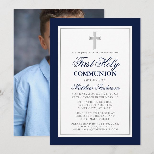 First Holy Communion Blue Silver Photo Invitation (Front/Back)