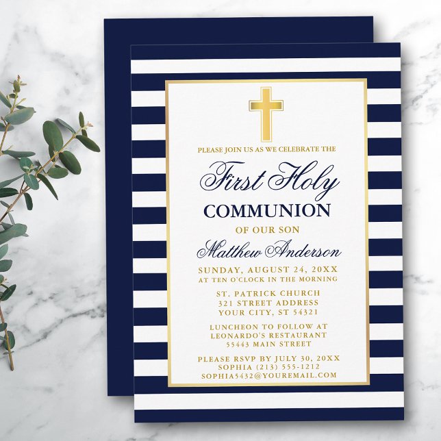 First Holy Communion Blue Striped Gold Invitation (Customize to change text size, color or text style.)