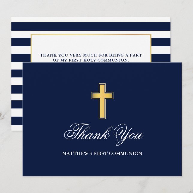 First Holy Communion Blue Stripes Gold  Thank You Card (Front/Back)