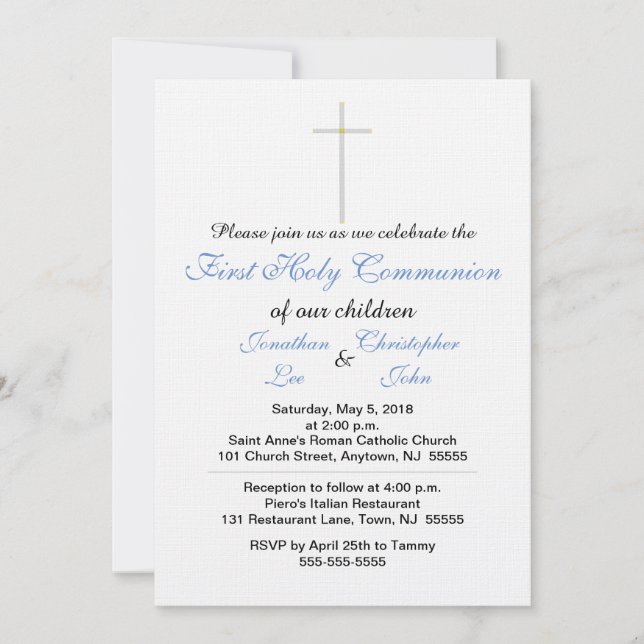 First Holy Communion Blue Twins Invitations (Front)