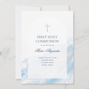 First Holy Communion Blue Watercolor Arch Cross Invitation